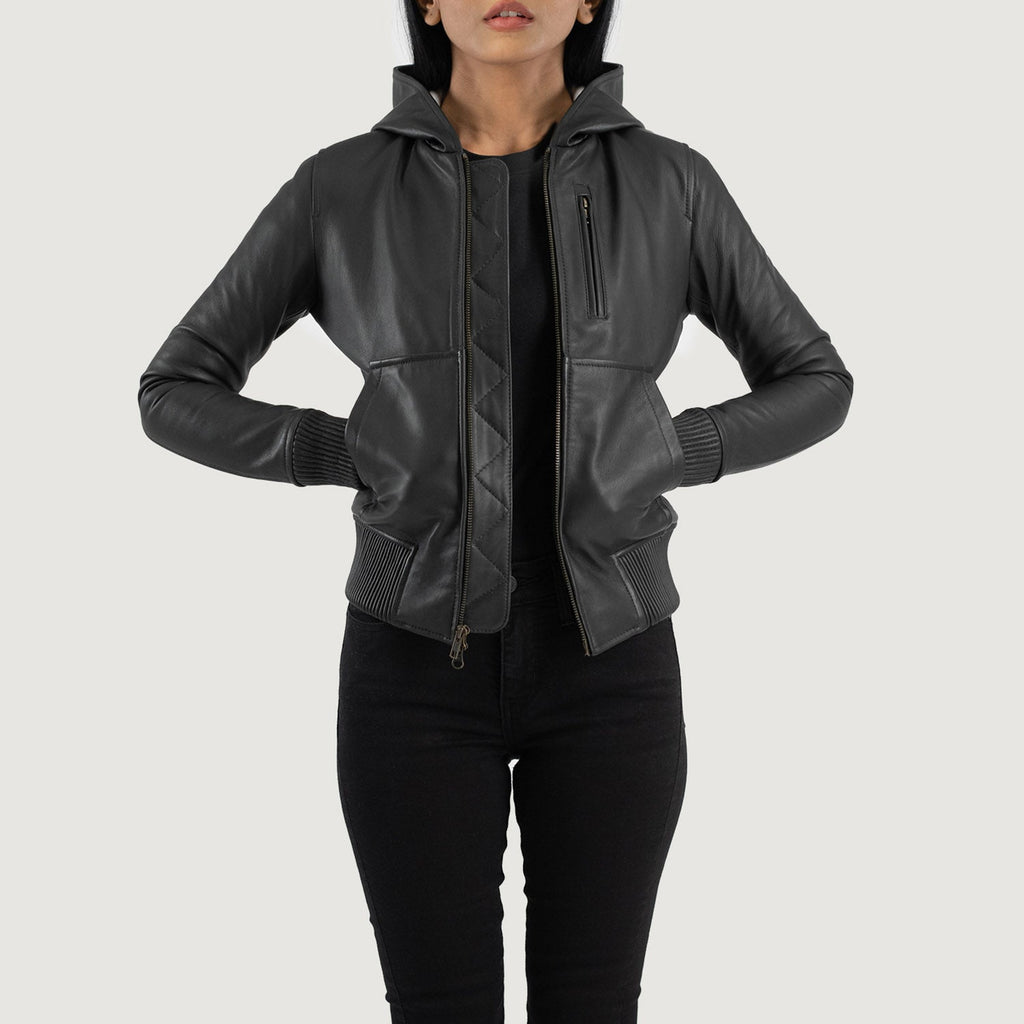 Luna Black Hooded Leather Bomber Jacket SH586