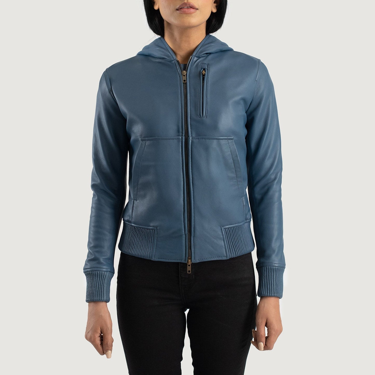 Luna Blue Hooded Leather Bomber Jacket SH585