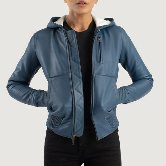 Women's Blue Hooded Cowhide Leather Bomber Jacket – Luna Style