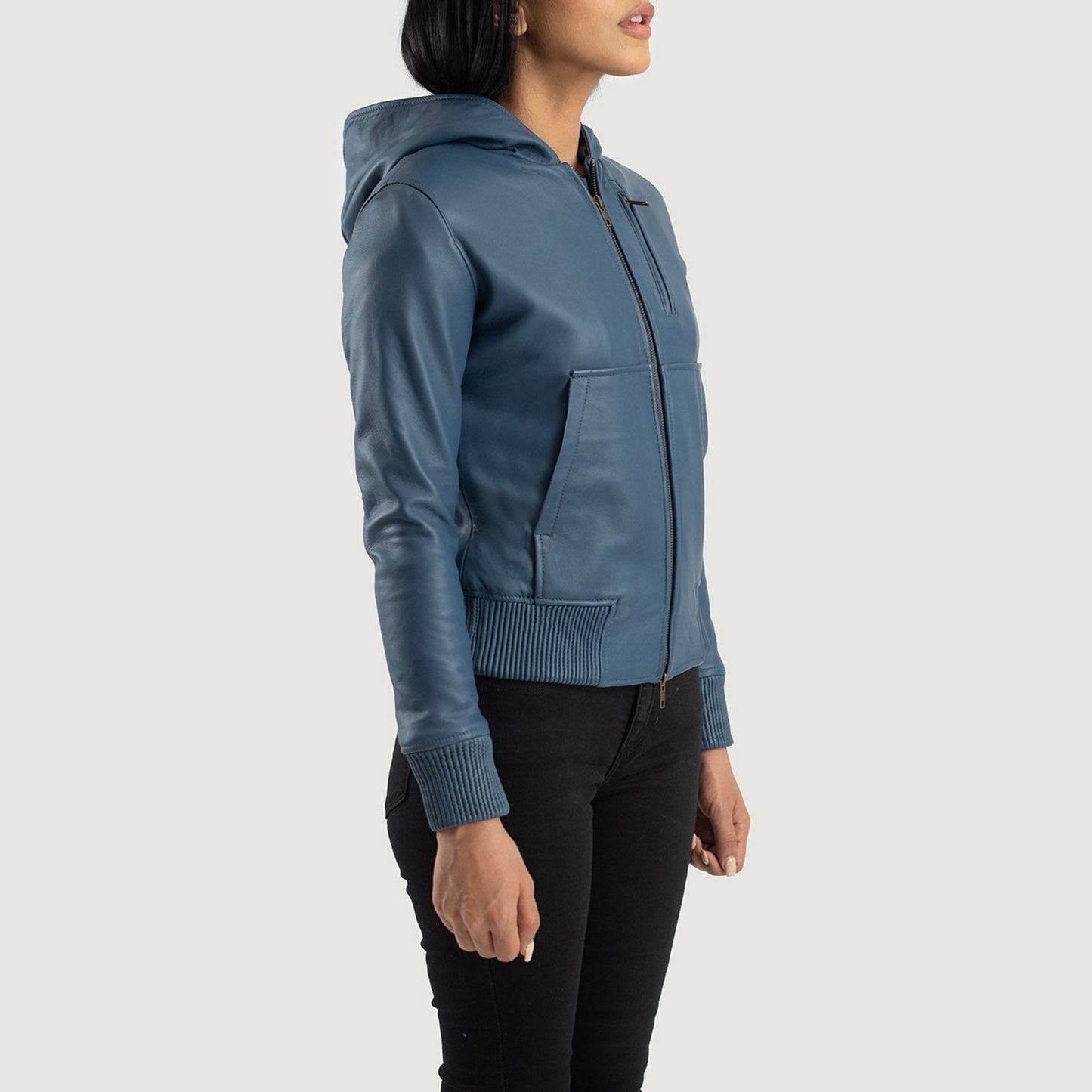 Luna Blue Hooded Leather Bomber Jacket SH585