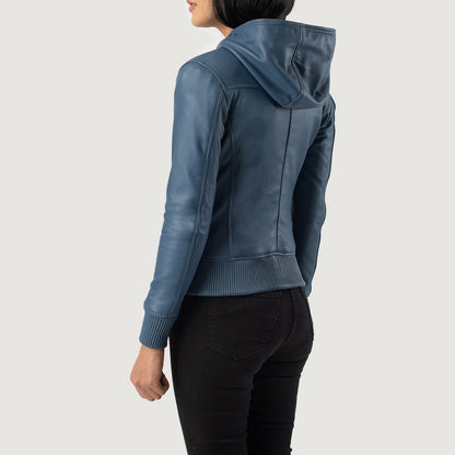 Luna Blue Hooded Leather Bomber Jacket SH585