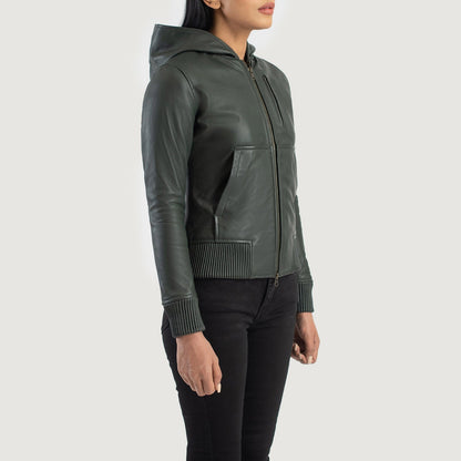 Luna Green Hooded Leather Bomber Jacket SH584