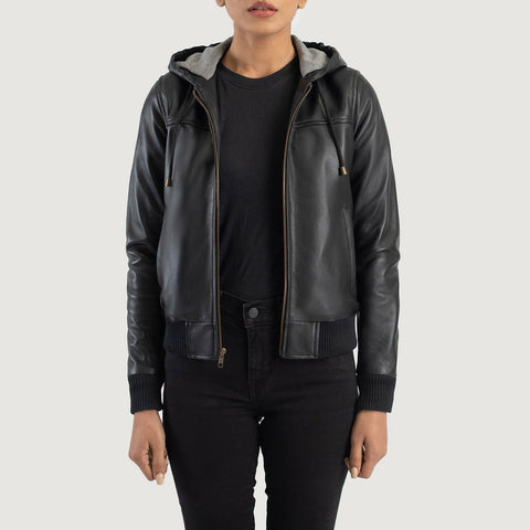 Rebella Black Hooded Leather Bomber Jacket SH568