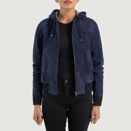 Women's Blue Hooded Cowhide Suede Bomber Jacket – Rebella Style