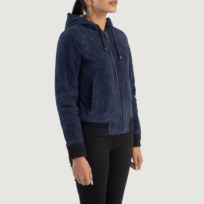 Rebella Blue Hooded Suede Bomber Jacket SH566