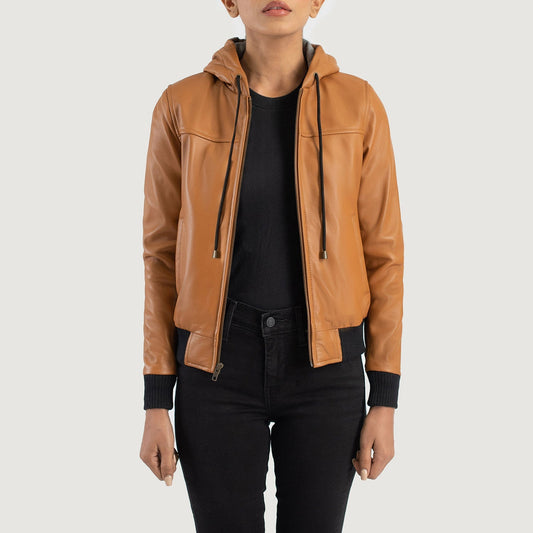 Rebella Brown Hooded Leather Bomber Jacket SH565