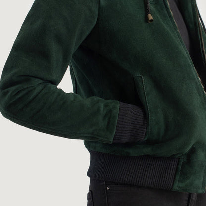 Rebella Green Hooded Suede Bomber Jacket SH564