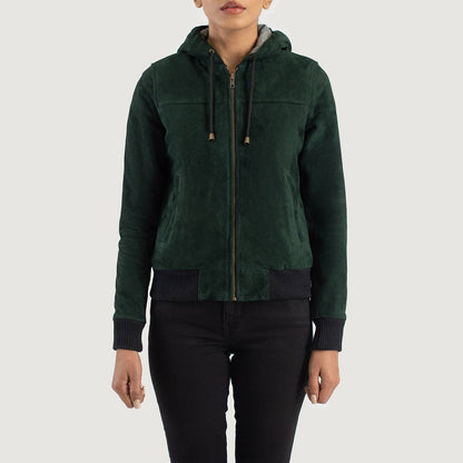 Rebella Green Hooded Suede Bomber Jacket SH564