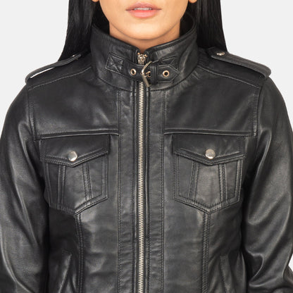 Roslyn Black Hooded Leather Bomber Jacket SH561