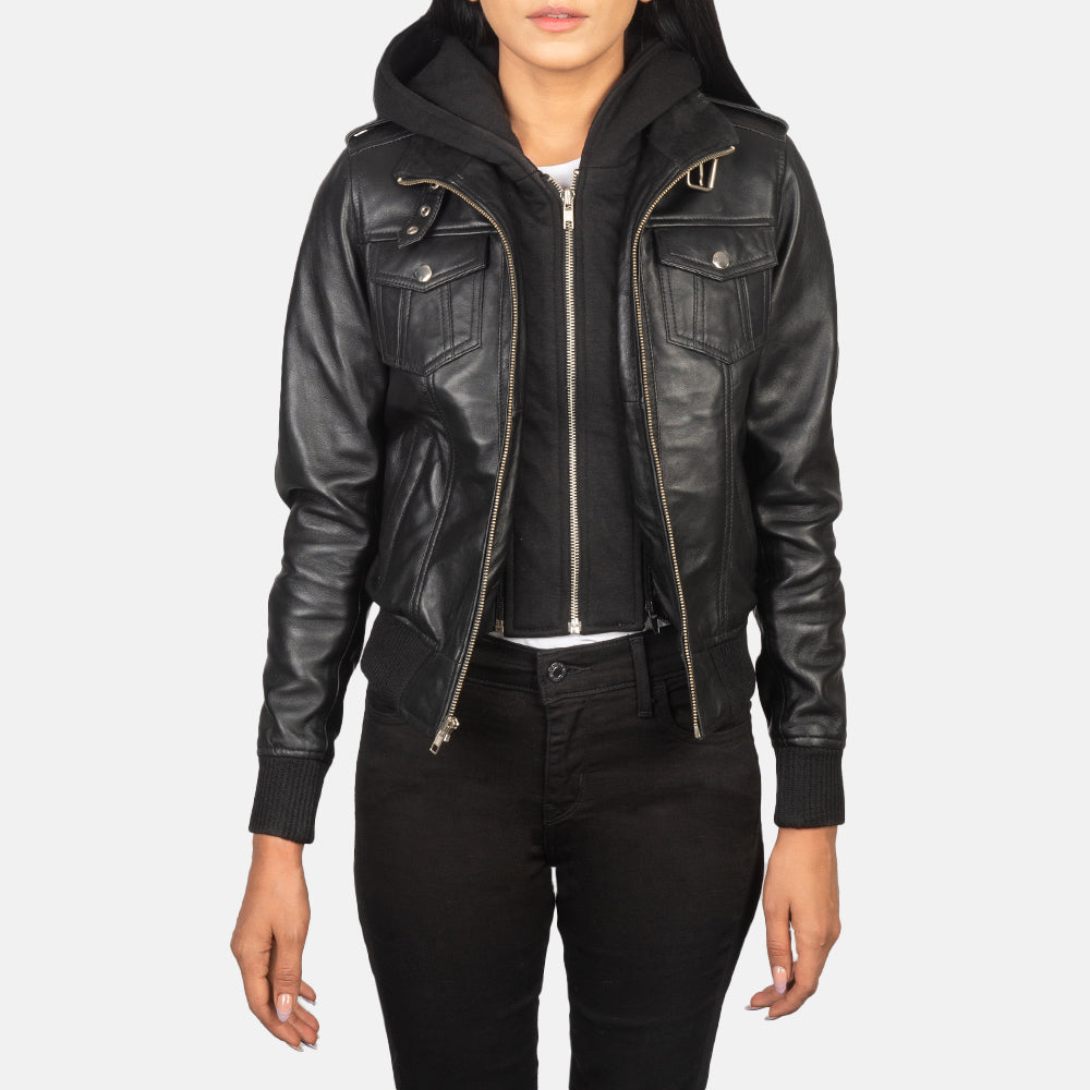 Roslyn Black Hooded Leather Bomber Jacket SH561