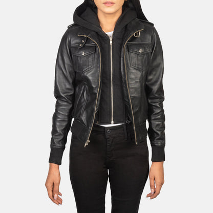 Roslyn Black Hooded Leather Bomber Jacket SH561