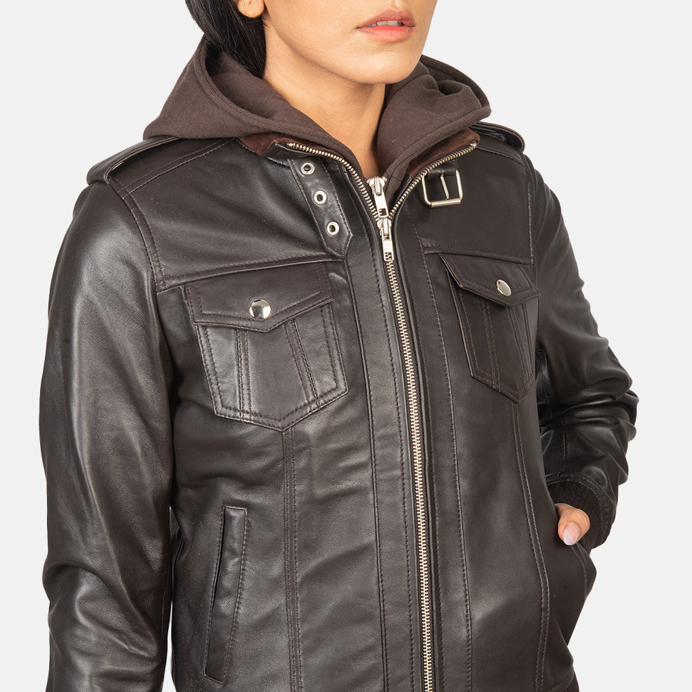 Roslyn Brown Hooded Leather Bomber Jacket SH560