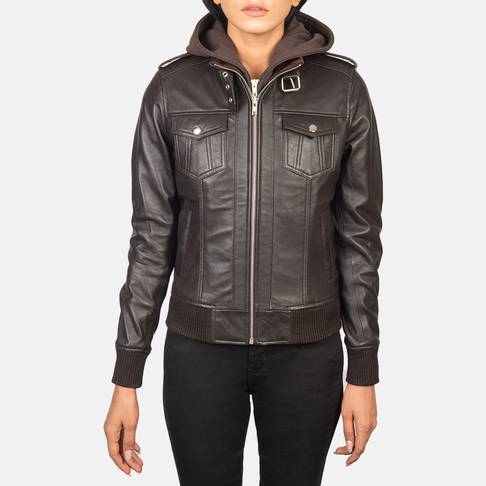Roslyn Brown Hooded Leather Bomber Jacket SH560