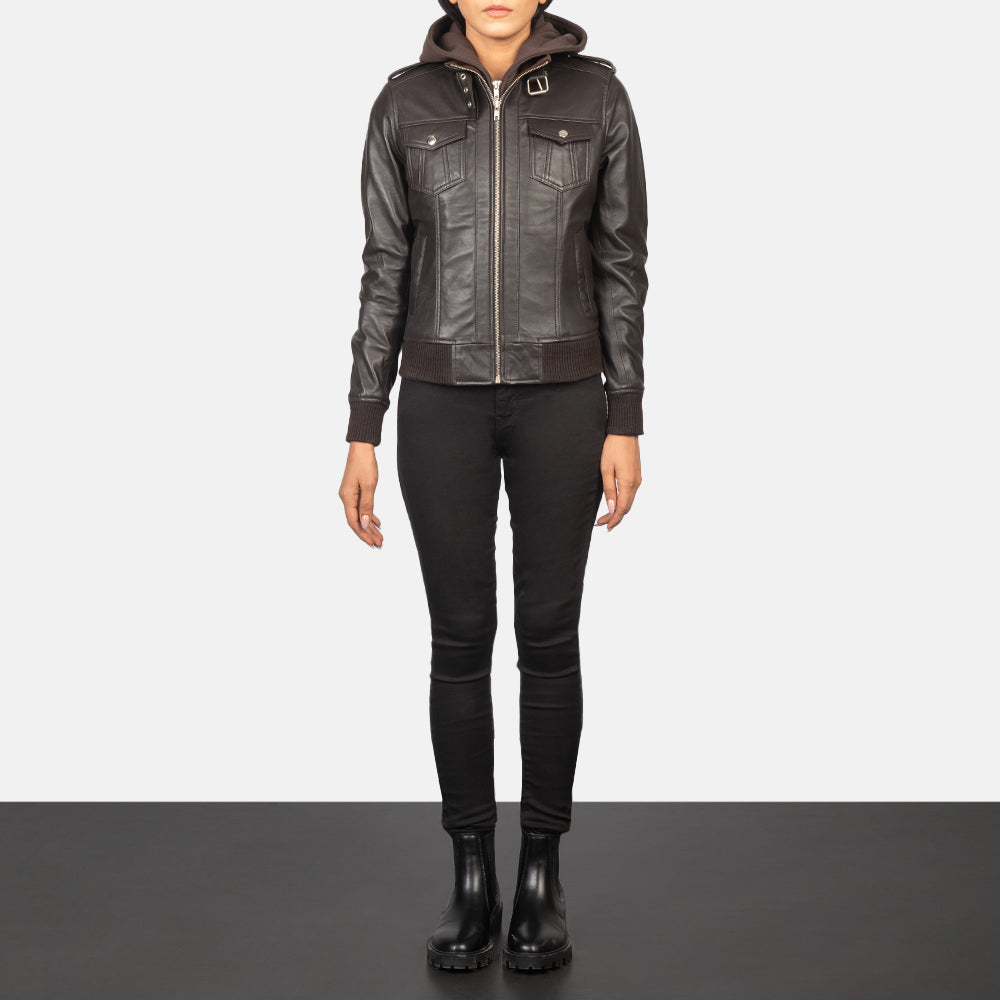 Roslyn Brown Hooded Leather Bomber Jacket SH560