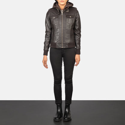 Roslyn Brown Hooded Leather Bomber Jacket SH560