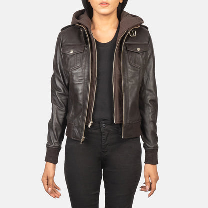 Roslyn Brown Hooded Leather Bomber Jacket SH560