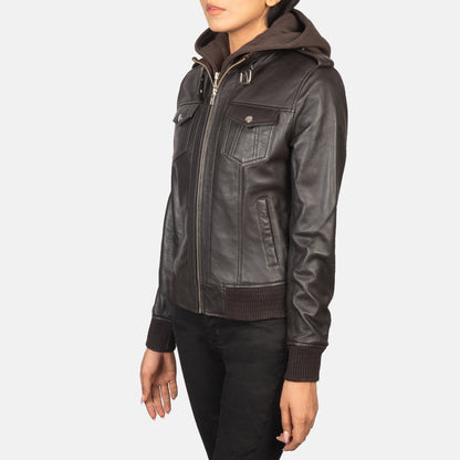 Roslyn Brown Hooded Leather Bomber Jacket SH560