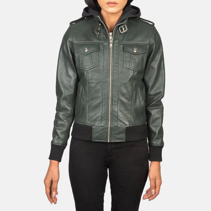 Roslyn Green Hooded Leather Bomber Jacket SH559
