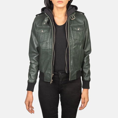 Roslyn Green Hooded Leather Bomber Jacket SH559