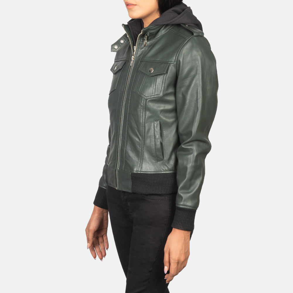 Roslyn Green Hooded Leather Bomber Jacket SH559