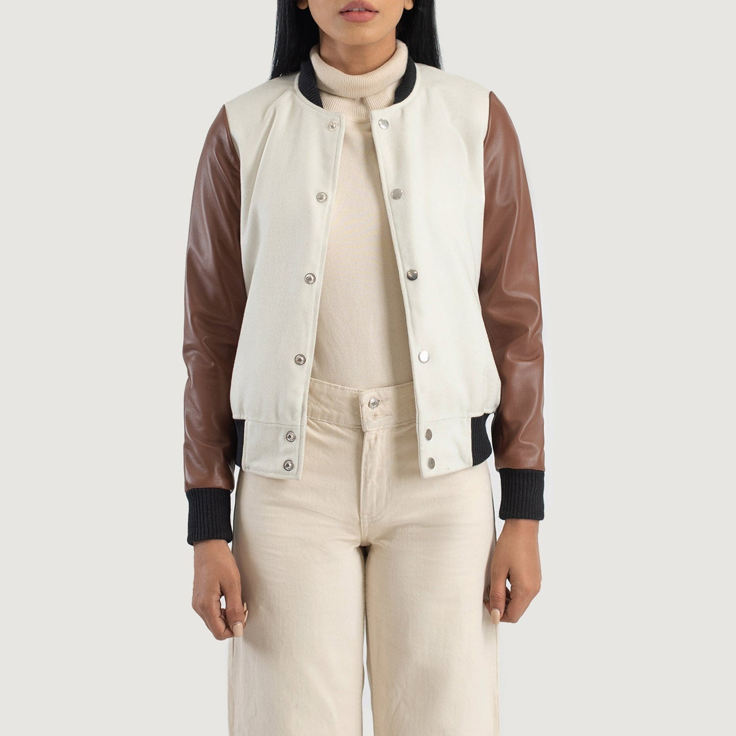 Savant White & Brown Hybrid Varsity Jacket SH539
