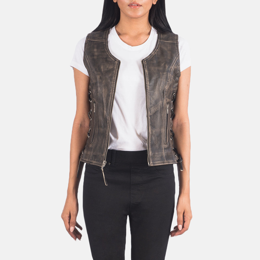 Vanda Distressed Brown Leather Biker Vest SH519
