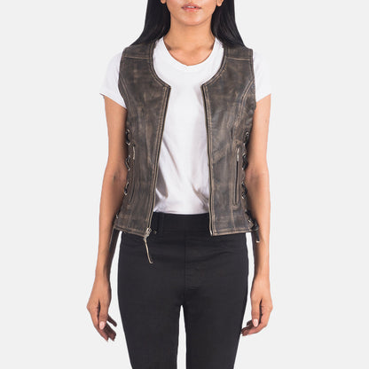 Vanda Distressed Brown Leather Biker Vest SH519