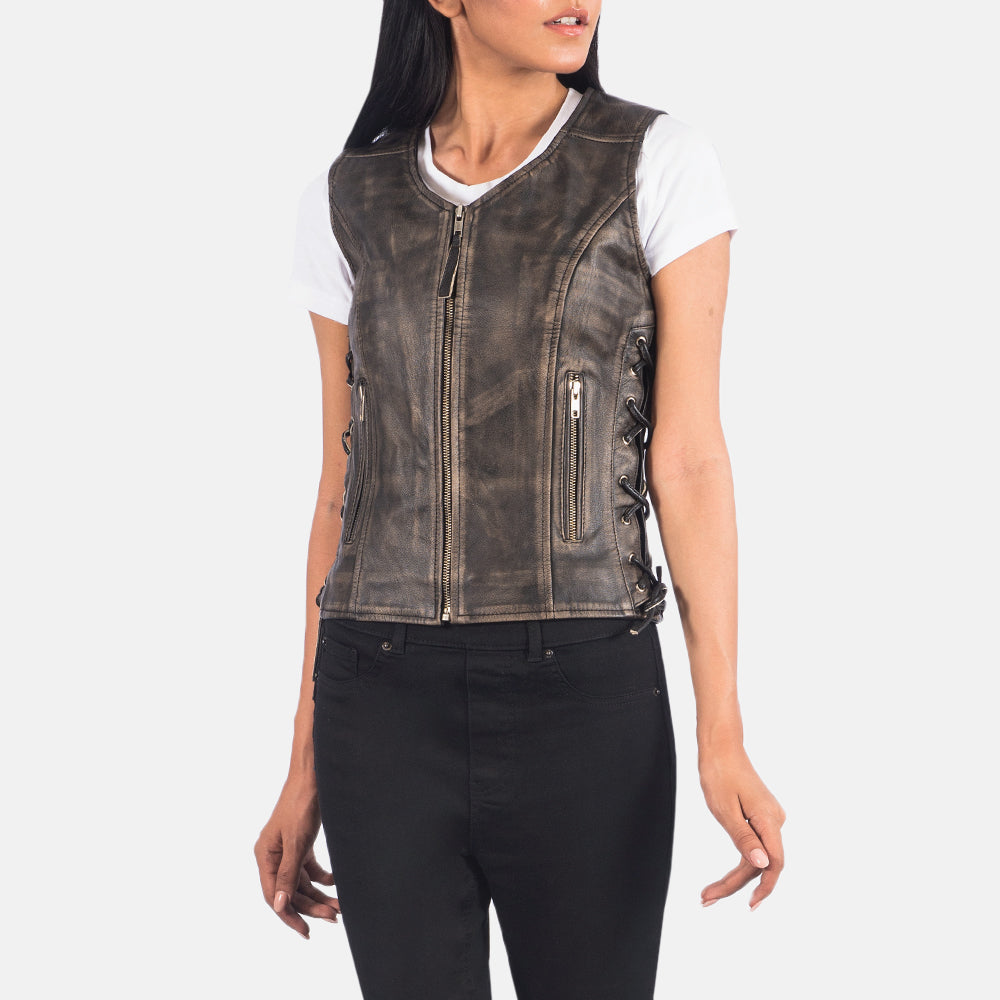 Vanda Distressed Brown Leather Biker Vest SH519