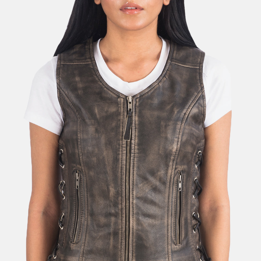 Vanda Distressed Brown Leather Biker Vest SH519