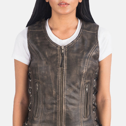 Vanda Distressed Brown Leather Biker Vest SH519