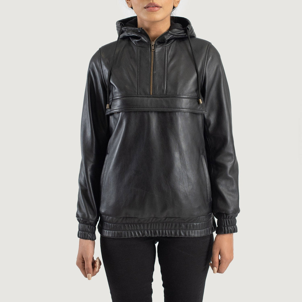 Zest Black Hooded Leather Pullover Jacket SH503