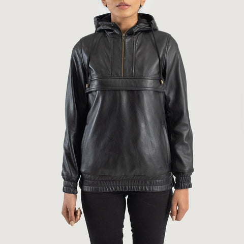 Zest Black Hooded Leather Pullover Jacket SH503