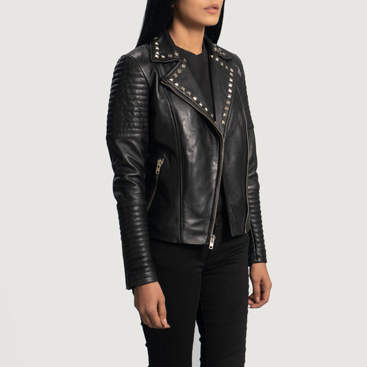 Women's Black Studded Cowhide Leather Biker Jacket – Sally Mae Style