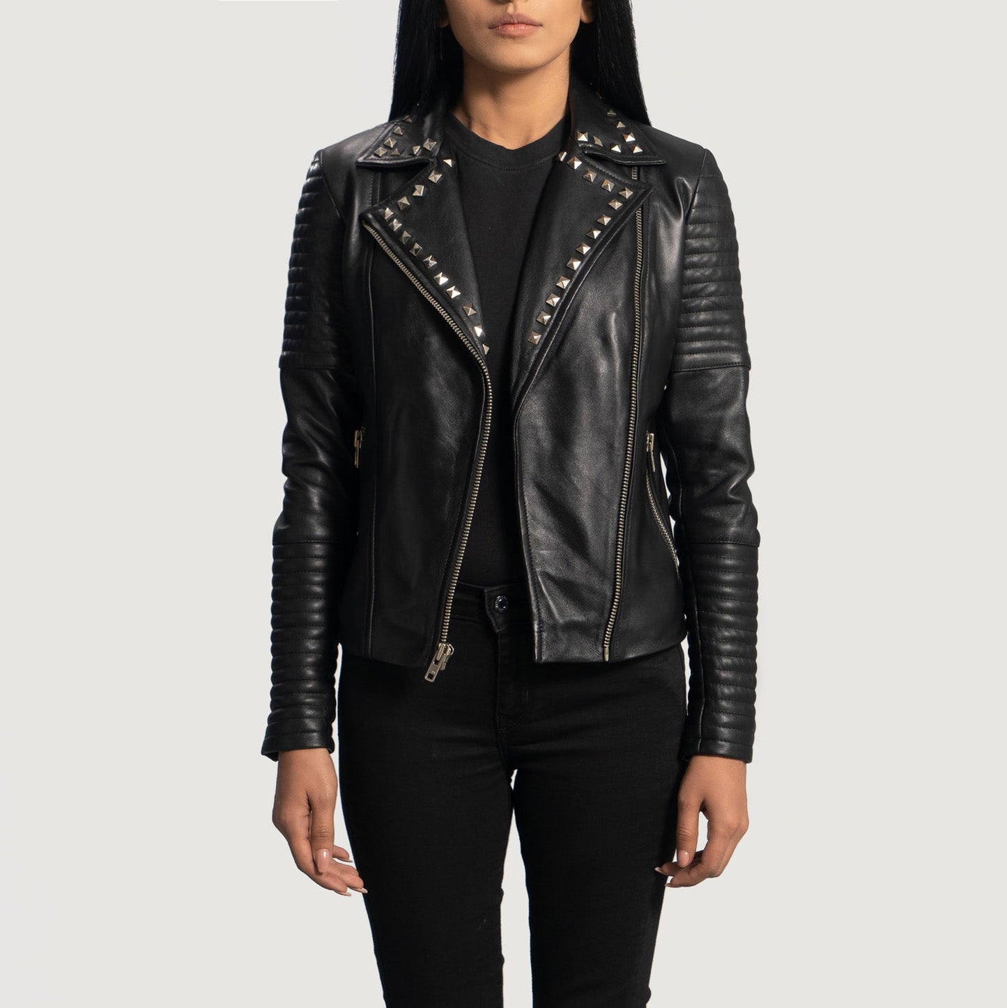 Sally Mae Studded Black Leather Biker Jacket SH550
