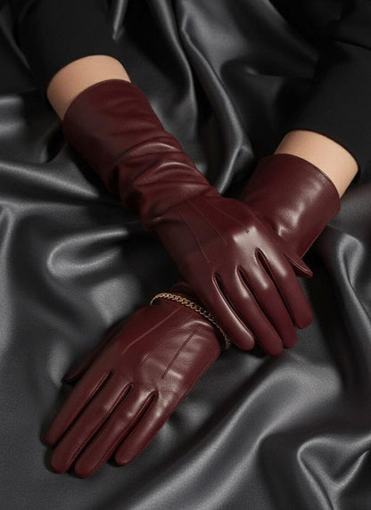 Burgundy Sheep Leather Long Opera Gloves with gold chain bracelet