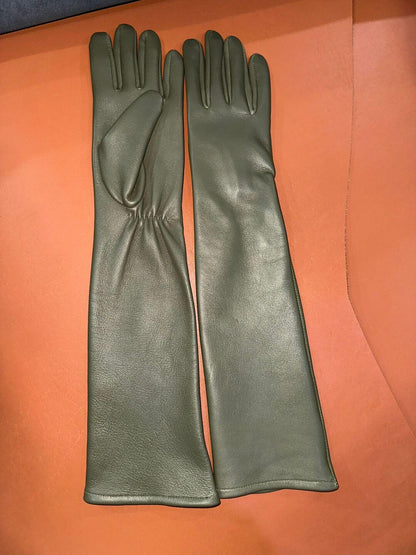 Olive green long leather gloves elegant