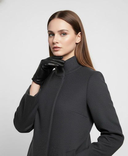 Black leather gloves worn with grey coat lifestyle