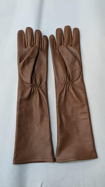 Brown leather opera gloves gathered wrist detail
