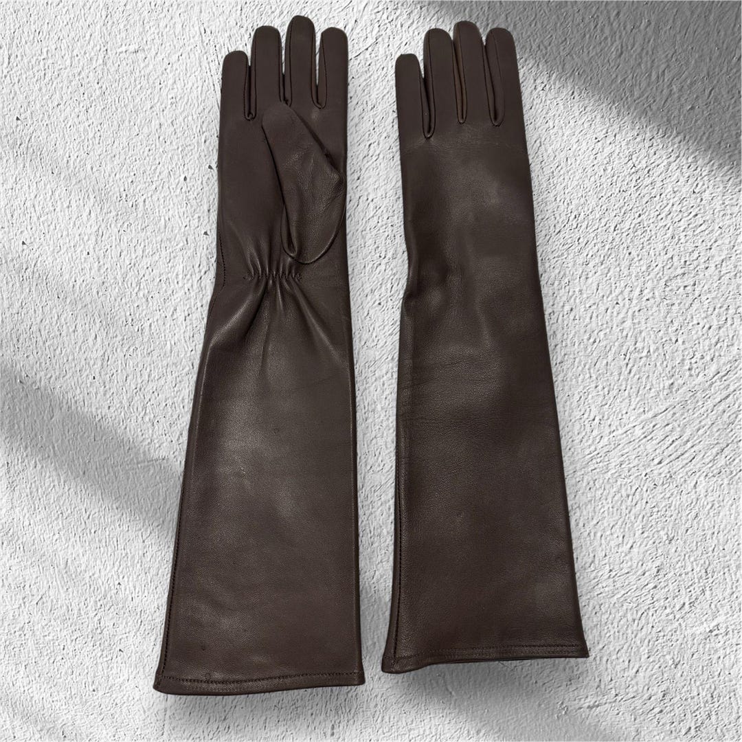 Dark brown long leather gloves smooth texture