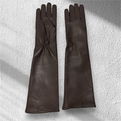 Dark brown long leather gloves smooth texture