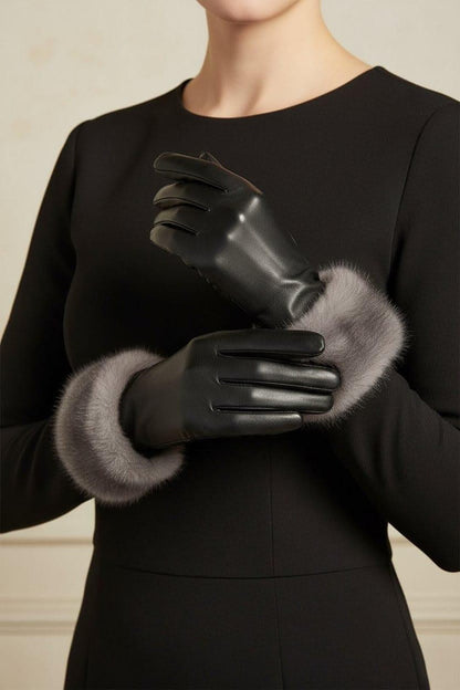 Black leather fur cuff gloves side detail view
