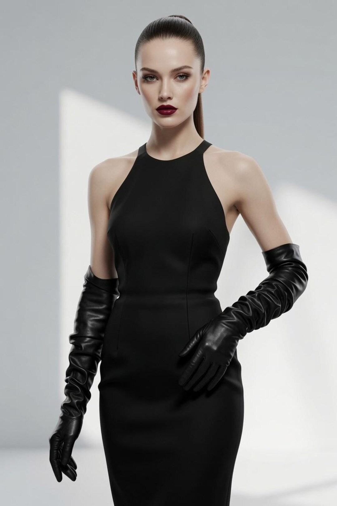 Black opera leather gloves long evening wear model