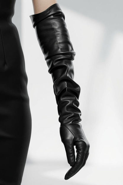 Black long leather opera gloves ruched forearm detail