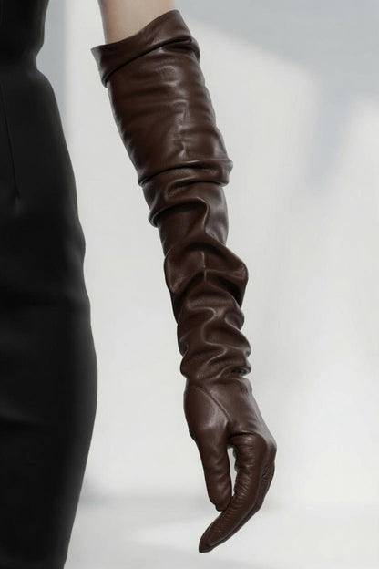 Brown long leather opera gloves ruched forearm