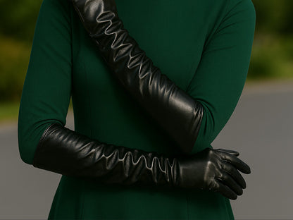 Long Black Sheepskin Leather Opera Gloves Silk Lined front view