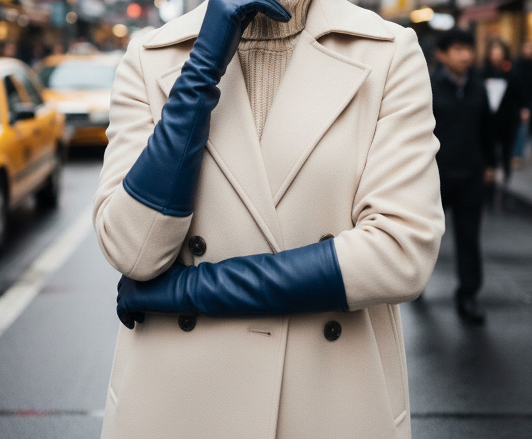 Women Long Blue Leather Opera Gloves bold elegant