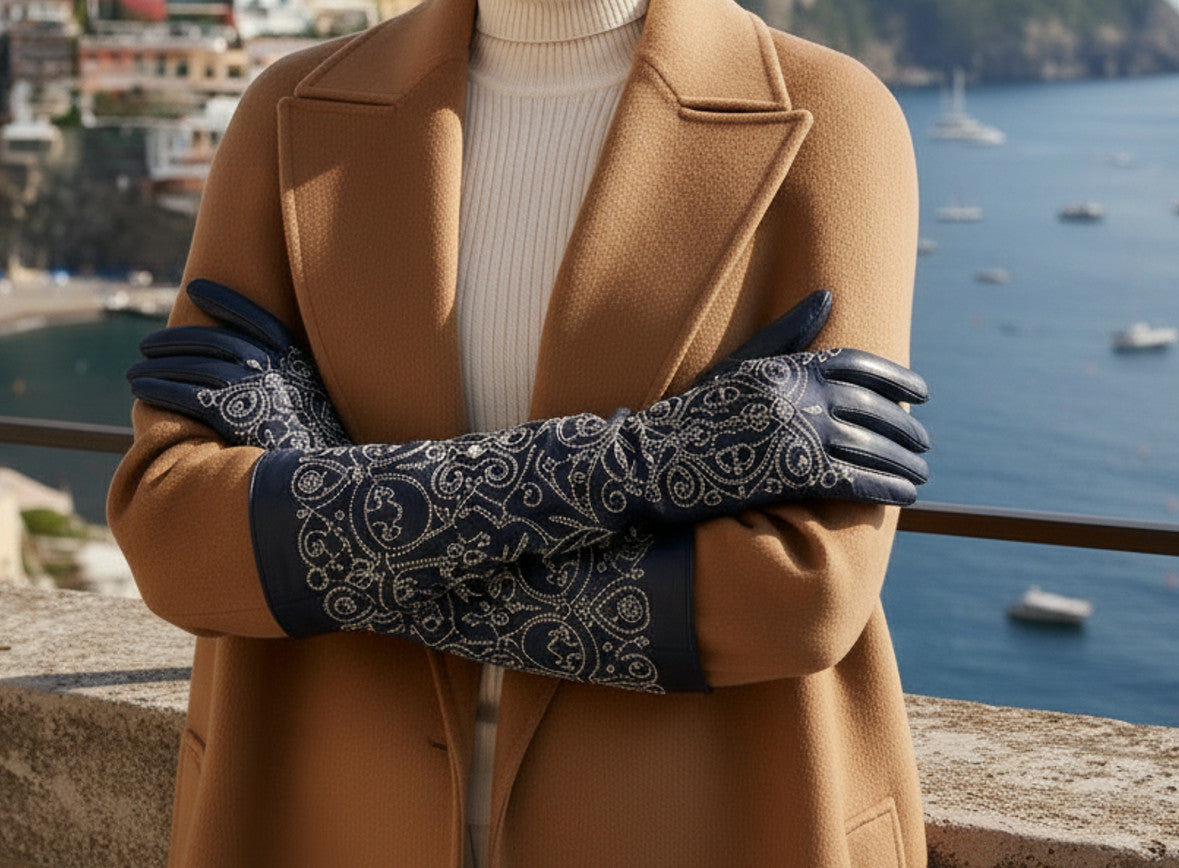 Women Long Leather Embroidered Gloves winter wear