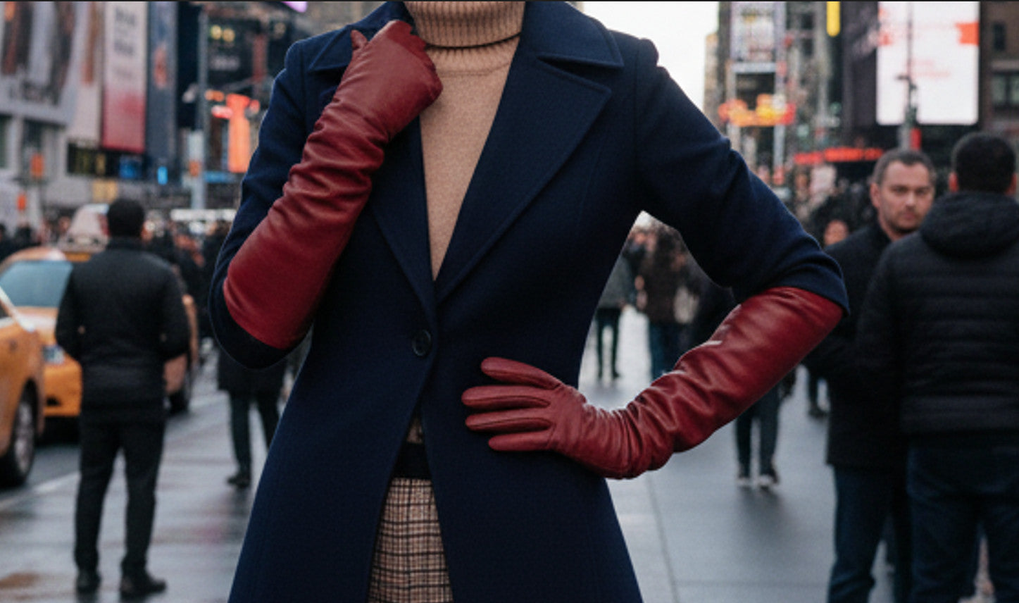 Women Long Deep Burgundy Leather Gloves
